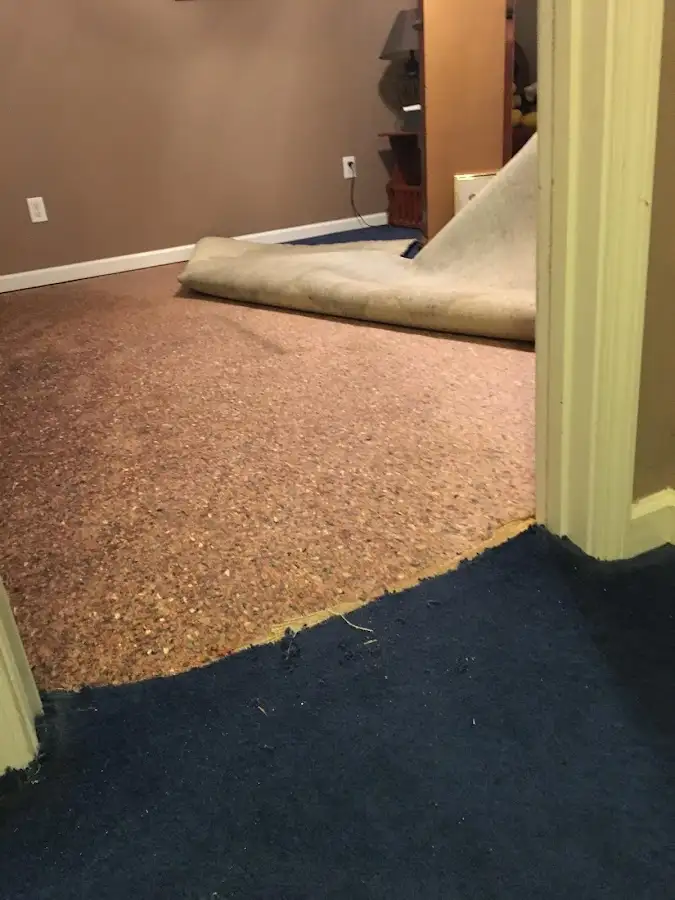 Carpet pad removal revealing water damage during Drying & Dehumidification in Eastvale